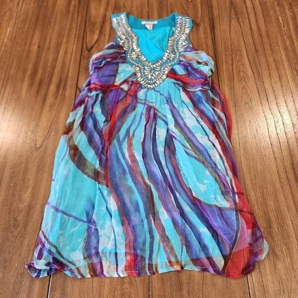 Alberto Makali blue tie dye Print Beaded embroidered Sleeveless chiffon Dress M - Picture 5 of 13